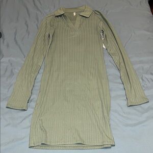 Green Ribbed Long Sleeve Dress